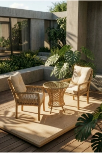 Alya Raddan 1+1 Bistro Set Minderli 2 Kişilik Raddan Oturma Grubu Camlı Sehpa Bahçe Balkon Teras Set